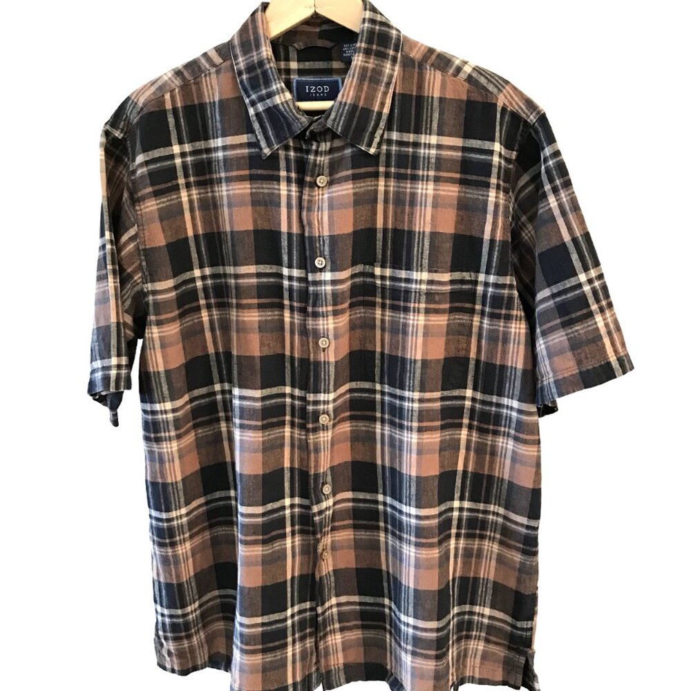 Izod Linen Blend Men's Shirt Short-Sleeved Button-Down Autumn Brown Plaid Size L